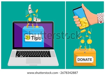 Man receiving online tips via laptop. Person giving online donation. Digital payment for content creator and volunteer contribution.