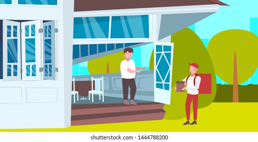man receiving order from man courier with backpack and paper package express food delivery from shop or restaurant concept modern house building exterior flat horizontal full length