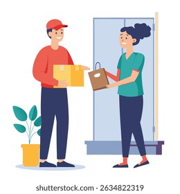 Man receiving a package from a courier at his doorstep. Delivery service concept with home delivery on white background. Flat vector illustration for logistics, shipping, and ecommerce themes.