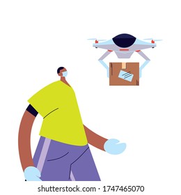 man receiving package with safety precautions, face mask and gloves vector illustration desing