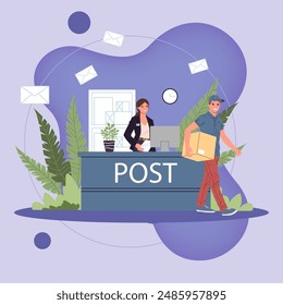 Man receiving parcel at post office vector illustration. Courier delivering package to customer. Mail service office, shipping and delivery department concept