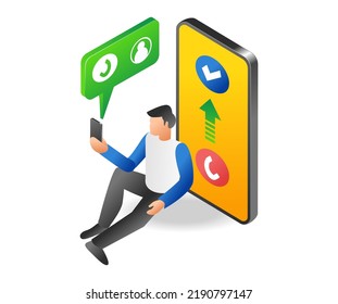 Hombre recibiendo una llamada telefónica en ilustración isométrica y plana