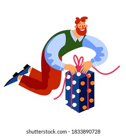 Man receiving present at Christmas party. Happy holiday celebration vector illustration. Festive party at home, guy opening gift in hands. Xmas in winter, isolated on white background.