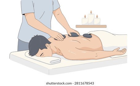 Man receiving a relaxing hot stone massage treatment on his back by a masseur in a peaceful spa setting.