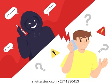 Man receiving scam call and talking with scammer. fraud phone call for getting access to bank or credit card data, personal information, or scam money from victim. Flat vector illustration.