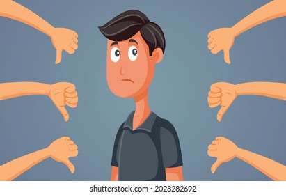 Man Receiving Thumbs Down Vector Cartoon Illustration. Young guy being rejected after unanimous vote
