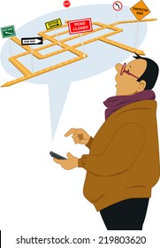 Man receiving traffic alert on a cell phone, vector illustration