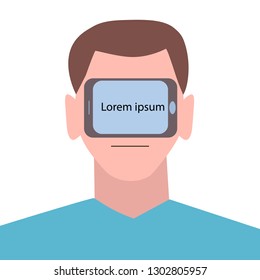 A man receiving and trusting information from the virtual reality of the smartphone. Vector portrait on white background.