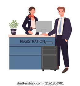 Man at reception. Passengers at airport registration desk. Queue of travelers waiting for check in to their flight. Vector illustration for travel, vacation