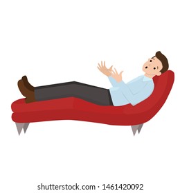A man at a reception at the psychologist. The man is lying on the sofa. Talk with a psychologist. Vector graphics isolated on white background.