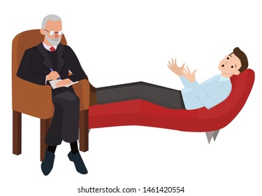 A man at a reception at the psychologist. The man is lying on the sofa. A psychologist sits in a chair and writes. Talk with a psychologist. Vector graphics isolated on white background.