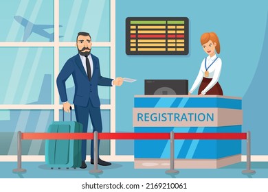 Man at reception. Touristwaiting for check in to their flight. Vector illustration for travel, vacation