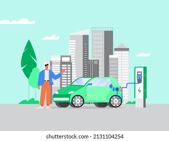 Man recharging electric car at the station. Concept of alternative fuel and energy, environment protection. City background