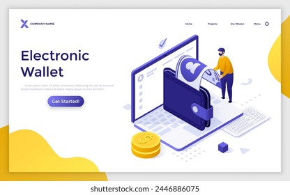 Man recharging online bank account via laptop. Electronic wallet service concept isometric vector illustration. User making internet financial transaction cartoon character for landing page