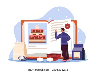 Man with recipe book. Young guy with eggs, flour and milk near huge guidebook. Chief and cook with homemade bakery product. Flat vector illustration isolated on white background