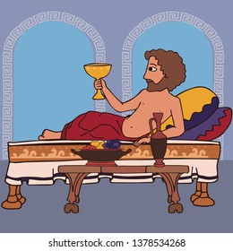 man reclines on the bed drinking wine, funny vector cartoon illustration of ancient Greek hedonist and everyday life scene svg