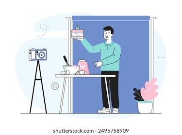 Man record food blog. Young guy with cake in hand stands in front of camera. Popular blogger records master class, content for social networks and video hostings. Linear vector illustration