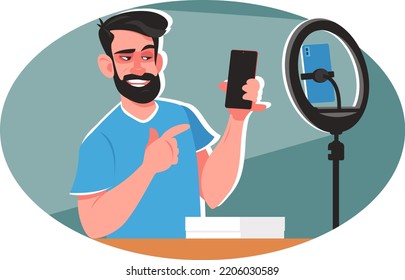 A man is recording a commercial for his blog. The blogger reviews electronic equipment online. Stock vector illustration