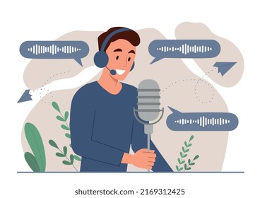 Man recording podcast. Guy stands behind microphone, host of radio show. Production of audio files, interesting content for social networks. Modern technologies. Cartoon flat vector illustration