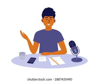 Man recording podcast show. Male radio host speaking into microphone. Home office or workspace. Podcaster making content. Social media broadcasting. Talking guy sitting at table vector illustration