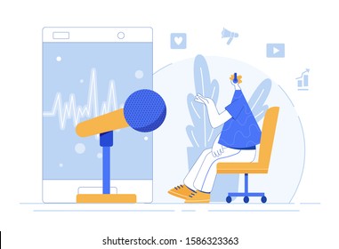 Man recording podcast. Studio microphone vector. Home entertainment. Radio show. Social media. Flat cartoon illustration.