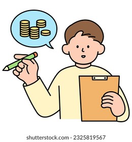 Man Recording Savings Notes. Simple Style Vector illustration.