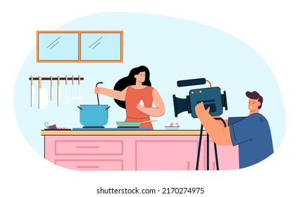 Man Recording Television Live Show Of Culinary On Camera. Woman Cooking In Kitchen Flat Vector Illustration. Virtual Recipe, Streaming, Guide Concept For Banner, Website Design Or Landing Web Page