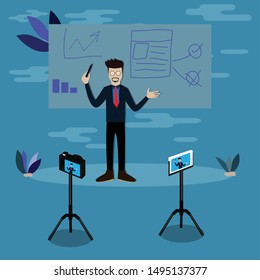 A man is recording video by smartphone and camera while teaching the business's lesson - Vector Illustration

vector; technology; creative; commerce; innovation; video streamming