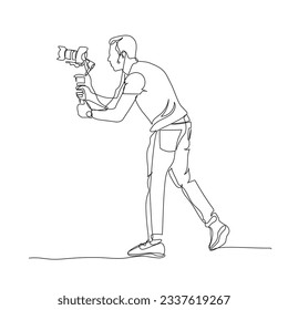 Man nimmt Video mit Kamera und Stabilisator auf. Durchgehende Zeilenzeichnung. Schwarz-Weiß-Vektorgrafik im Strichart-Stil. 