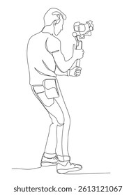 Man recording video with camera and stabilizer. Continuous line drawing. Black and white vector illustration in line art style. 