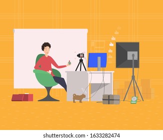 Man recording video. Flat illustration on the theme of blogger chanel.
