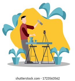 The man is recording Video of himself in the room with his small studio. work from home and flat design cartoon concept. vector, illustration 