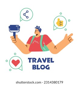 Man recording video or taking selfie for travel blog, flat vector illustration isolated on white background. Character holding phone in selfie stick. Concepts of blogging and traveling.