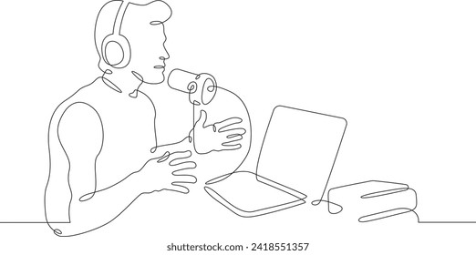 A man records a podcast. A man reads a text into a microphone. A boy works on a laptop. One continuous line drawing. Linear. Hand drawn, white background. One line