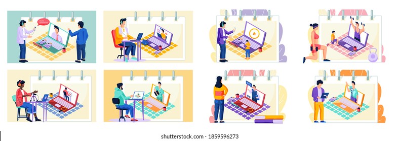 Man records a video lesson for student, set of eight scenes. Guy with headset talking to colleague. Teacher sits at a table with a laptop and speaks into a microphone, online learning modern education