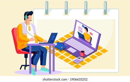 Man records a video lesson for a student. Guy with headset leads a webinar, talking to colleague. Teacher sits at a table with a laptop and speaks into a microphone, online learning modern education