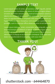 Man with recycle sign and garbage sacks for plastic bottles vector illustration. Plastic recycling creative poster with sample text. Ecological banner template.
