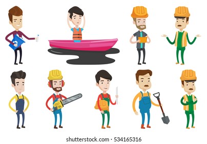 Man with recycling bin in hand picking up used plastic bottles. Man collecting garbage in recycle bin. Waste recycling concept. Set of vector flat design illustrations isolated on white background.