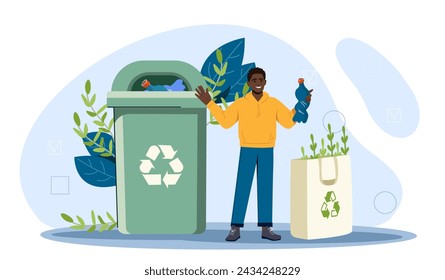 Mann mit Recycling-Konzept. Junger Mann in der Nähe Mülleimer mit Plastikflaschen. Sorge um Natur und Ökologie. Nachhaltiger und abfallfreier Lebensstil. Umweltfreundliche Aktivistin. Cartoon flache Vektor-Illustration