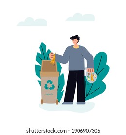 Man recycling food waste in in garbage can with recycle sign - volunteer with trash bag full of fruit scraps putting it in compost bin. Flat isolated vector illustration.