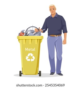 Man recycling metal waste at a yellow bin. Vector illustration