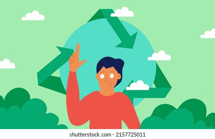 Man recycling waste and ecology environment Earth. Recycle rubbish and garbage trash vector illustration. Environmental clean and protection eco nature. Ecological conservation and organic reusing