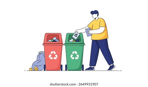 Homem reciclando itens de lixo em diferentes lixeiras promovendo hábitos ecológicos