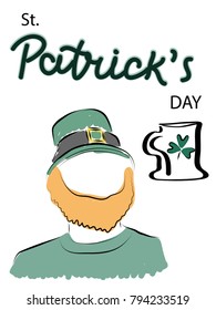 A man with a red beard, in a Leprechaun suit, a beer mug. The inscription is handwritten by St. Patrick's Day. Colored, vector illustration.