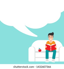 man with red book siting on sofa with apple and big speech bubble. creative student. study or education flat vector illustration on blue background. Reading and learning. Hints and tints. 