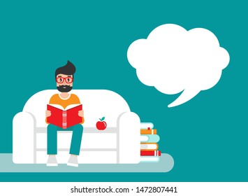 man with red book siting on sofa with apple and speech bubble. creative student. study or education flat vector illustration on blue background. Reading and learning. Hints and tints. 