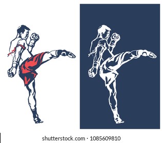Man in red boxing gloves training, karate fighter banner cartoon kick, woman getting ready for kickboxing