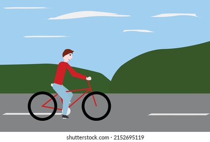 man with red buso walks through the field on his red bicycle under the blue sky and white clouds