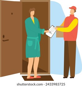 Man red cap delivers package woman green robe signing clipboard home doorway. Delivery service concept showing courier handing over parcel customer. Cartoon characters involved home delivery