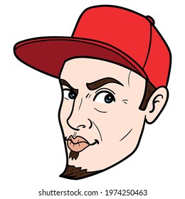 man with red cap and goatee looks funny. head, isolated, comic, avatar, outline.